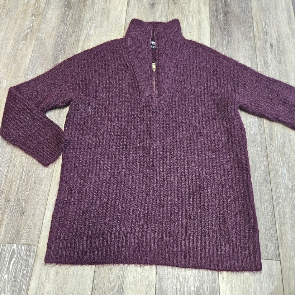 Express Wool Blend Fuzzy Quarter Zip Pullover Sweater Women's Plum Burgundy Mock